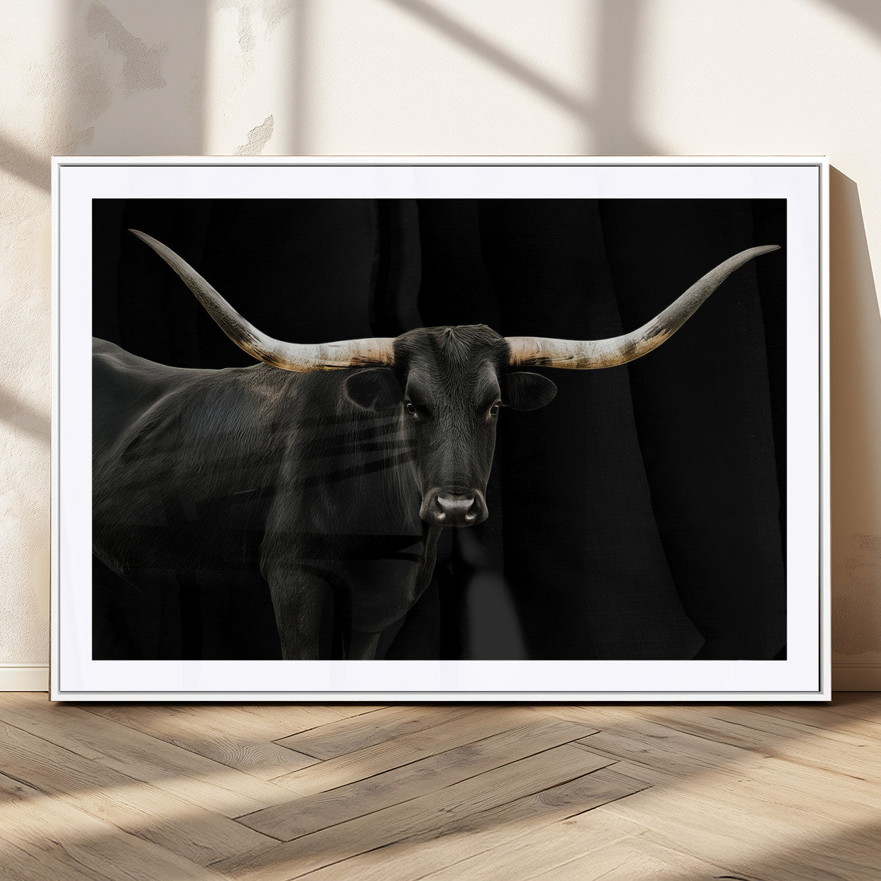 23572907-MGC-FP-36x24_White-Texas Longhorn Wall Art Canvas Print, Framed Rustic Western Art Picture Print, Farmhouse Animal Perfect Modern Western Minimalist Decor Artwork