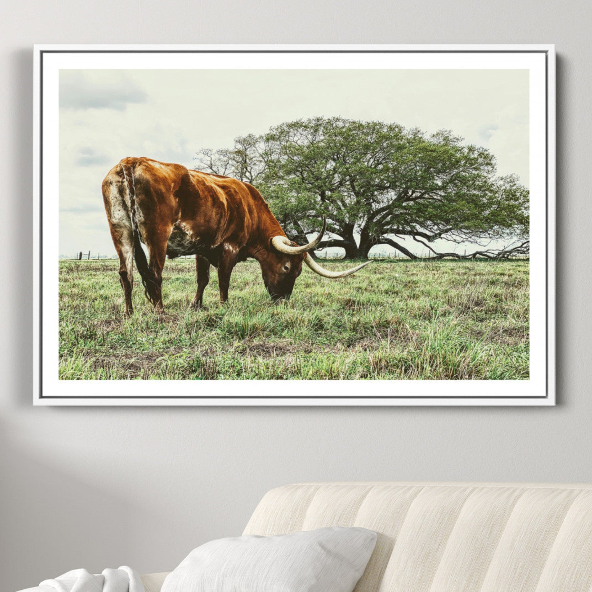 91866234-MGC-FP-36x24-Texas Longhorn Wall Art Canvas Print – Rustic Western Ranch Scene Cattle Country Farmhouse Artwork for Home Office