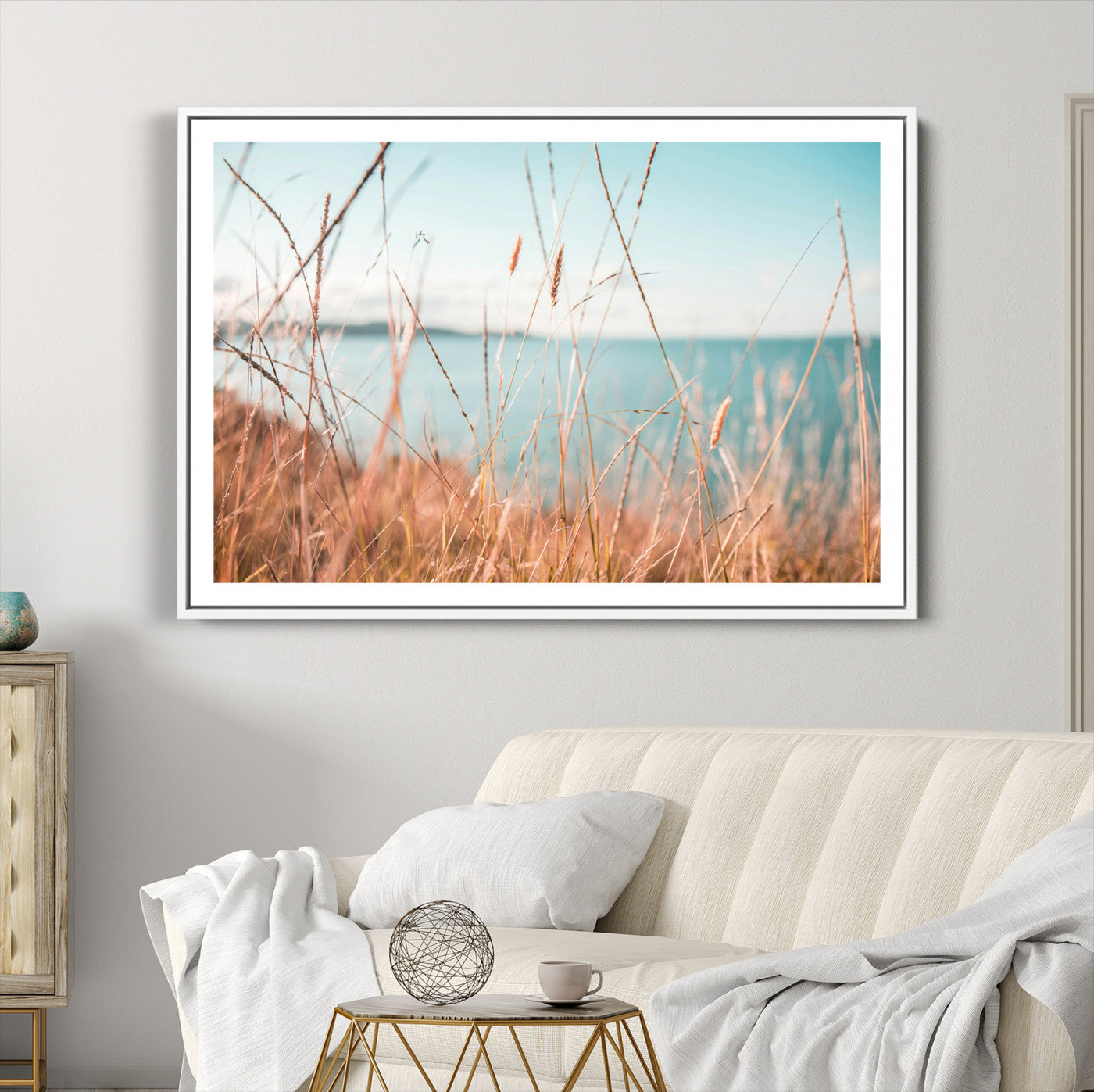 36108696-MGC-FP-36x24-Coastal Grass Landscape Wall Art Canvas Print – Golden Shoreline Nature Scene Serene Ocean View Artwork for Home Office