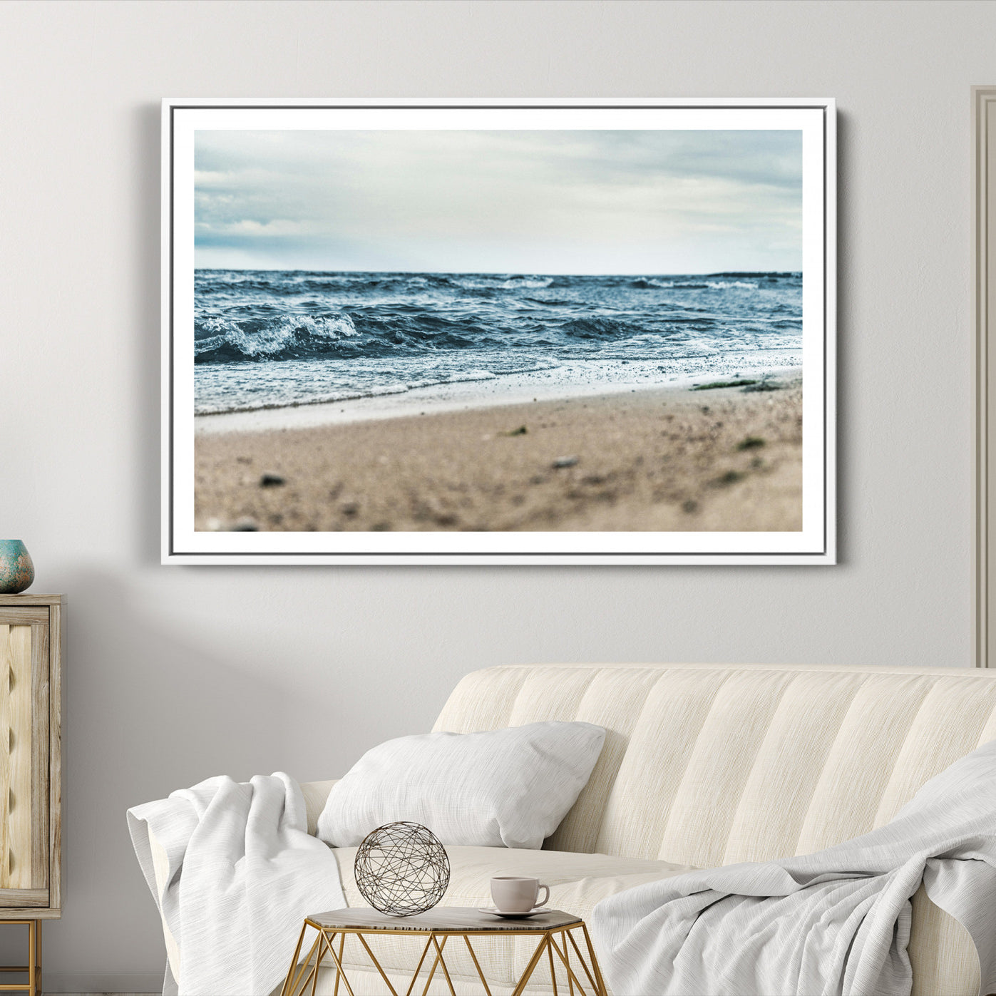 81812590-MGC-FP-36x24-Ocean Wall Art Canvas Print – Moody Coastal Seascape Scene Framed Beach Waves Nature Artwork for Home Office