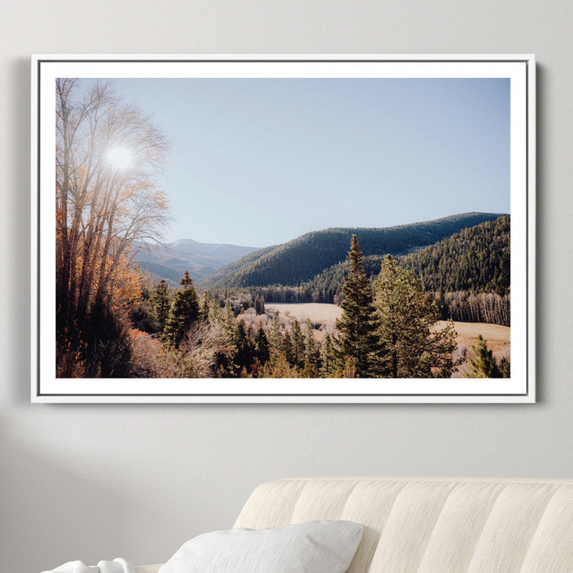 52941305-MGC-FP-36x24-Rustic Landscape Wall Art Canvas Print – Serene Valley Scene Pine Tree Horizon Nature Artwork for Home Office