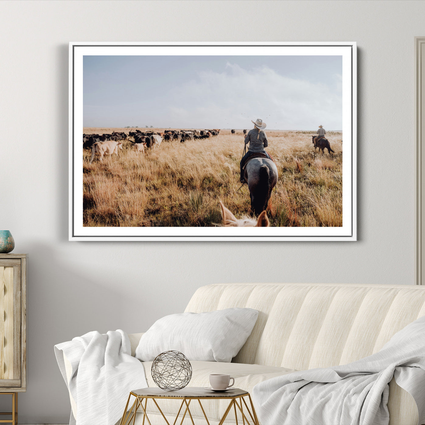 22431577-MGC-FP-36x24-Western Wall Art Canvas Print – Framed Cowboy Cattle Drive Scene Rustic Ranch Landscape Artwork for Home Office