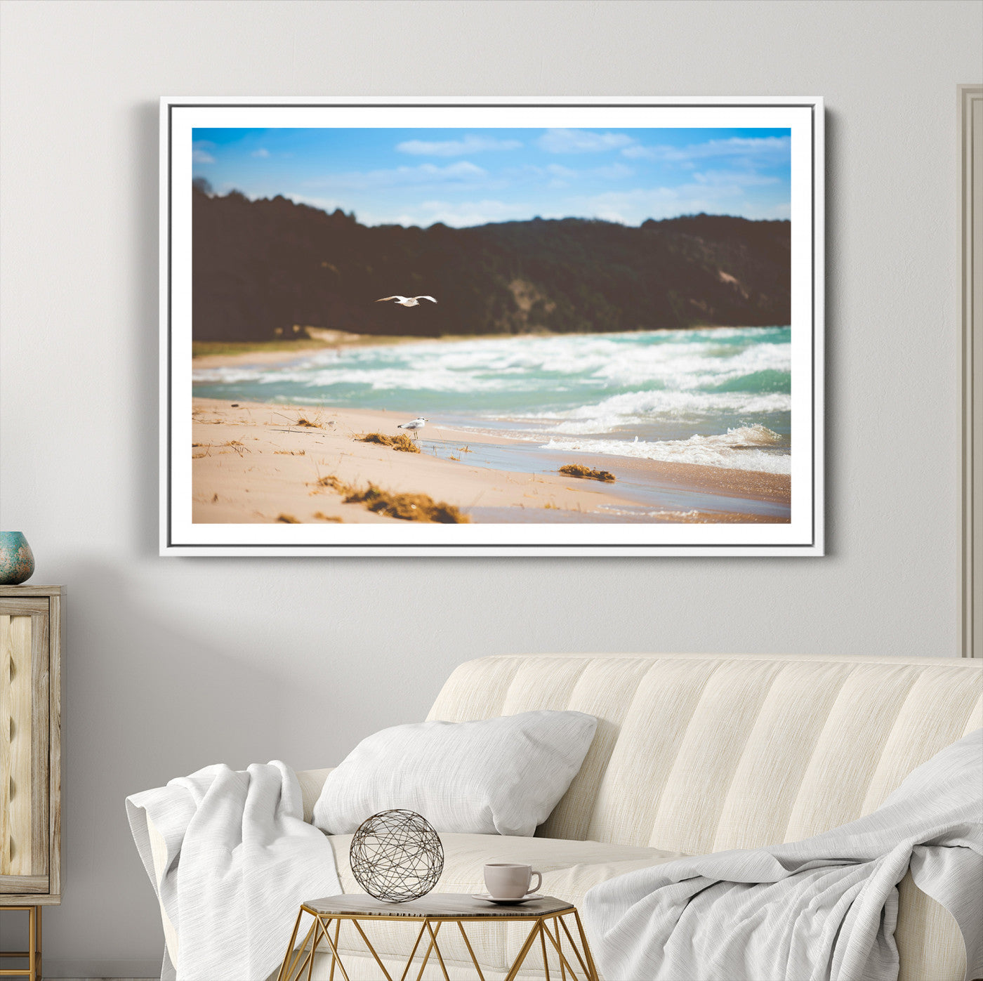 84260965-MGC-FP-36x24-Tranquil Beach Scene Wall Art Canvas Print – Framed Blue Ocean Waves Sandy Shore Coastal Nature Artwork for Home Office