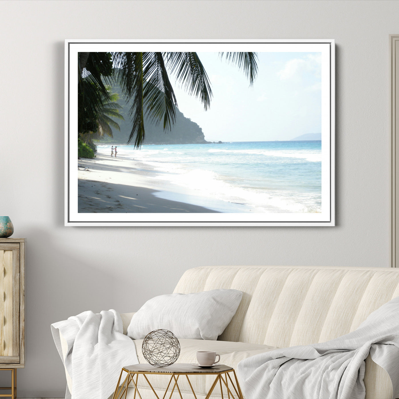 18311030-MGC-FP-36x24-Tropical Beach Wall Art Canvas Print – Framed Serene Ocean Scene Palm Tree Shadows Coastal Nature Artwork for Home Office