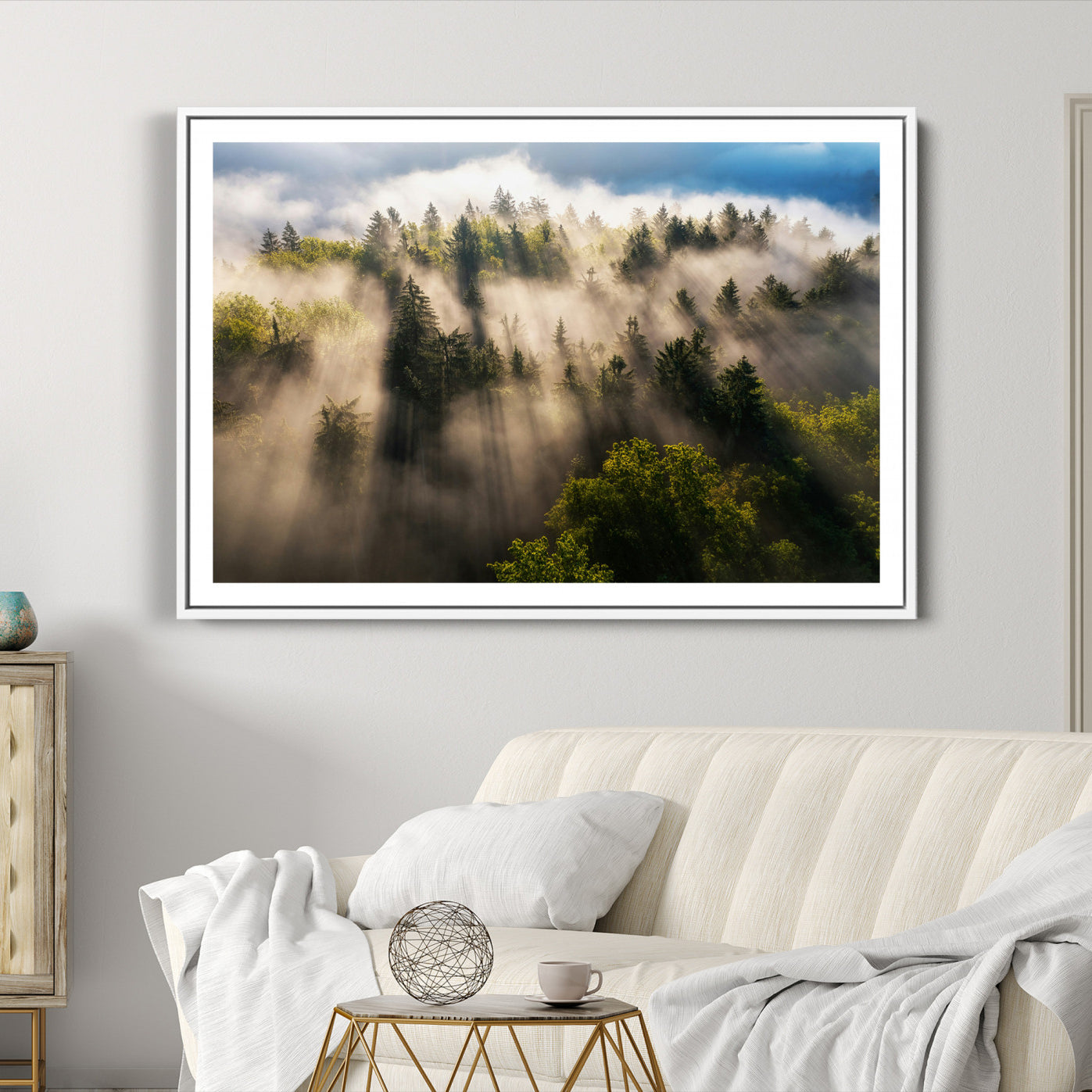 14785710-MGC-FP-36x24-Tranquil Forest Scene Wall Art Canvas Print – Framed Moody Sunbeam Through Trees Nature Artwork for Home Office