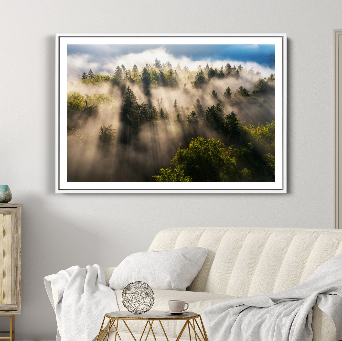 14785710-MGC-FP-36x24-Tranquil Forest Scene Wall Art Canvas Print – Framed Moody Sunbeam Through Trees Nature Artwork for Home Office