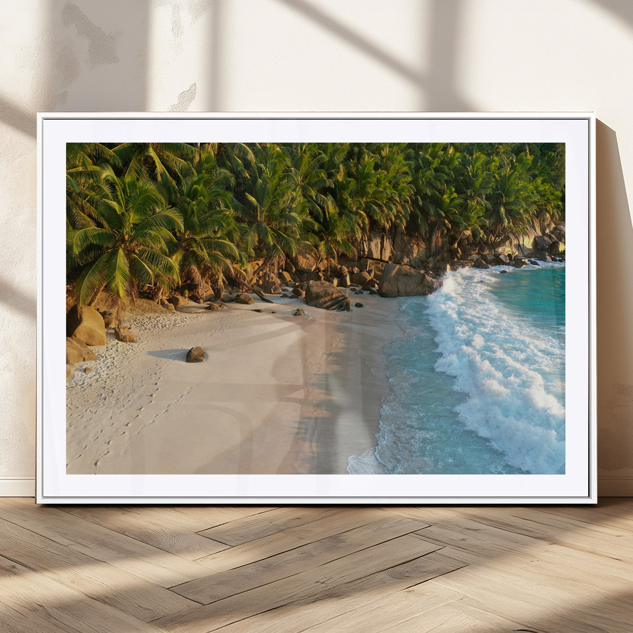 Tropical beach with golden sand, turquoise ocean waves, and lush palm trees, creating a serene coastal paradise for beach-themed decor.