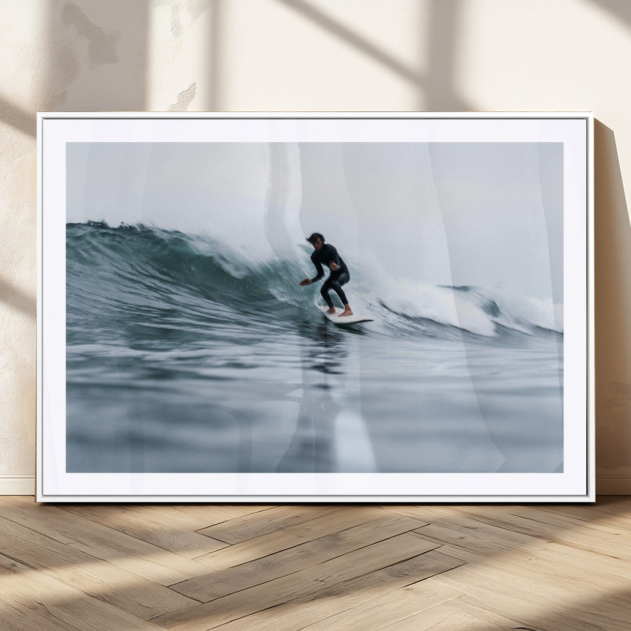 11693607-MGC-FP-36x24_White-Surfer on Wave Wall Art Canvas Print – Framed Ocean Adventure Motion Blur Water Coastal Action Artwork for Home, Office
