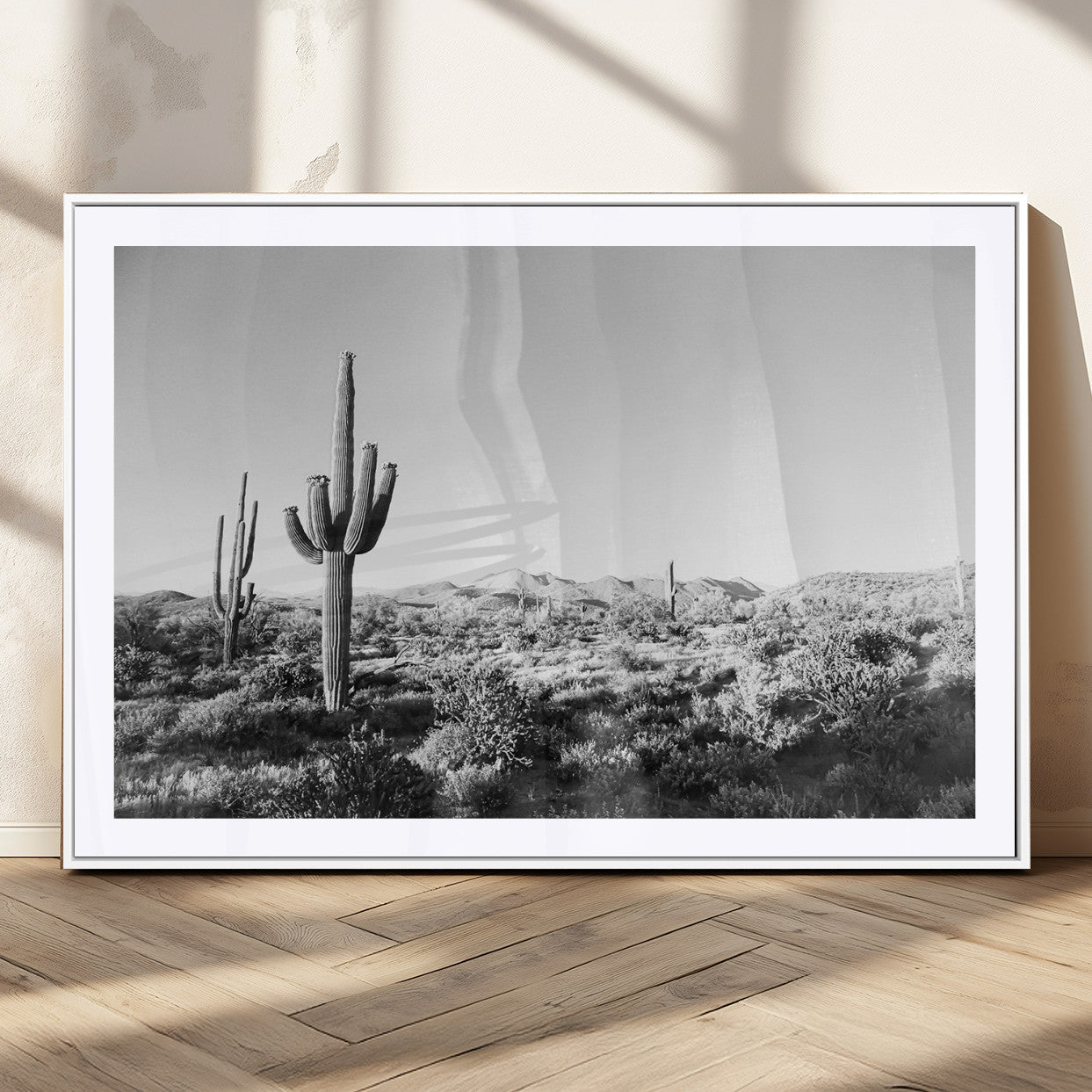85205054-MGC-FP-36x24_White-Saguaro Cactus Wall Art Canvas Print – Framed Monochrome Landscape Scenic Arizona Minimalist Western Artwork for Home, Office