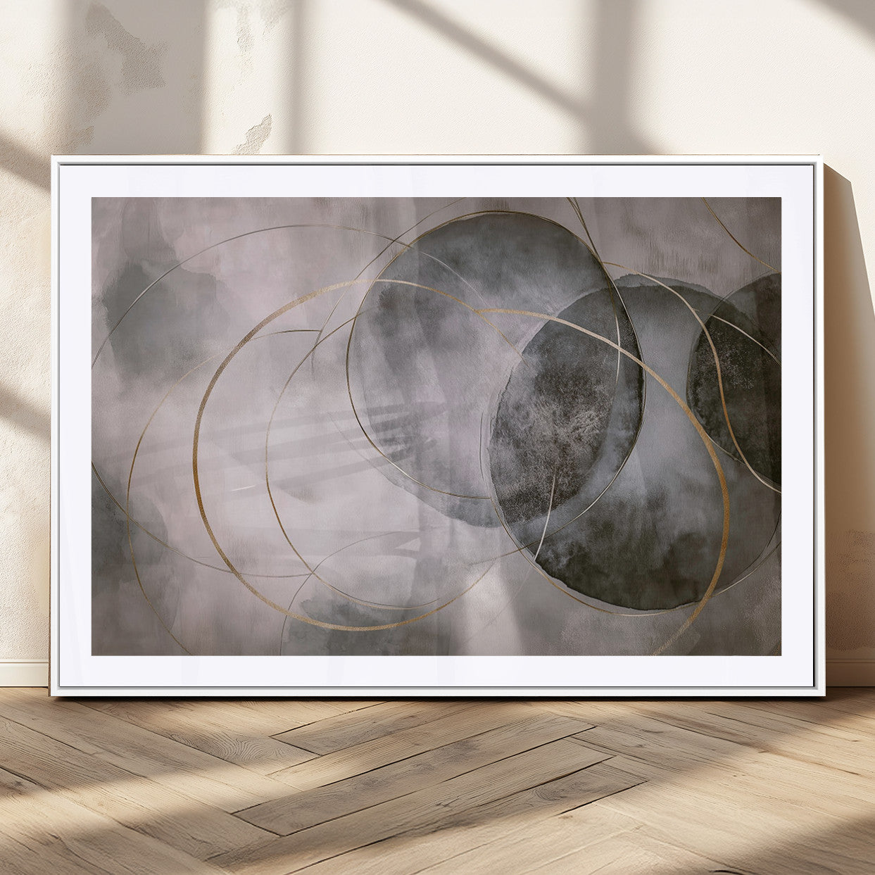 20066876-MGC-FP-36x24_White-Abstract Grey Gold Circle Wall Art – Modern Geometric Canvas Artwork, Minimal Elegant Design, Luxury Wall Decor for Home, Office