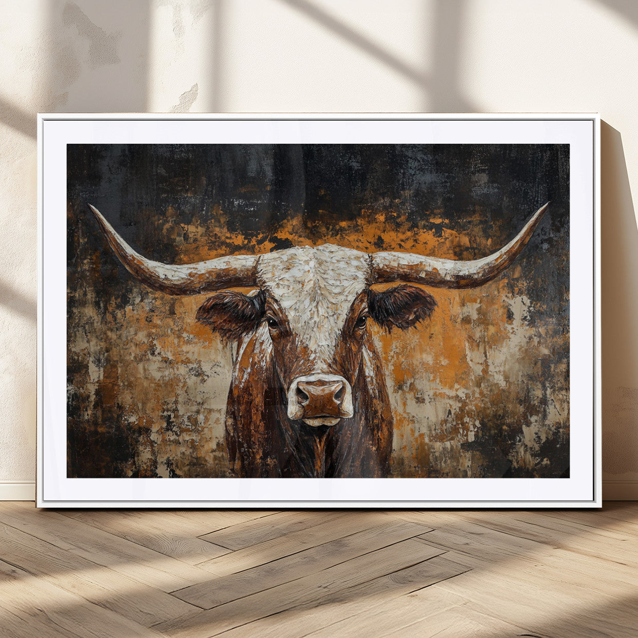 25265572-MGV-CV-36X24-Rustic Longhorn Bull Wall Art Canvas Print – Vintage Western Cattle Scene, Texas Steer Artwork for Home, Office