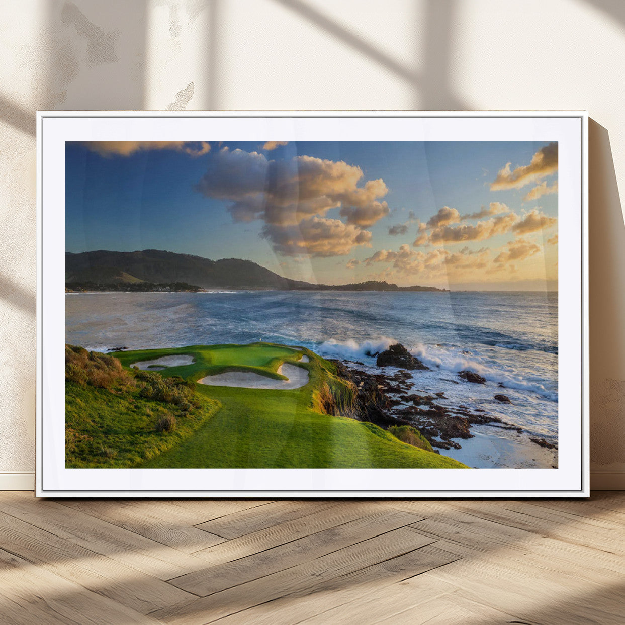 50107048-MGC-FP-36x24_White-Pebble Beach Golf Links Wall Art Canvas Print – Iconic Coastal Golf Course Artwork for Home, Office, Living Room