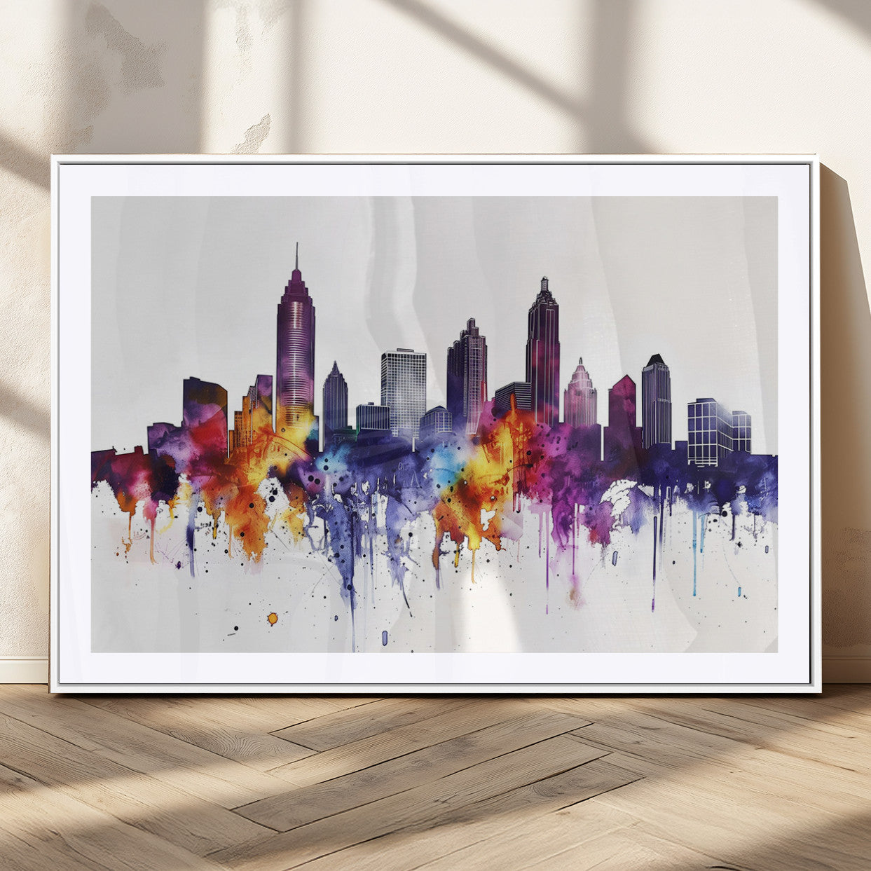 34479880-MGC-FP-36x24_White-Atlanta Skyline Wall Art Canvas Print – Framed Colorful Watercolor Cityscape Artwork for Home, Office, Living Room