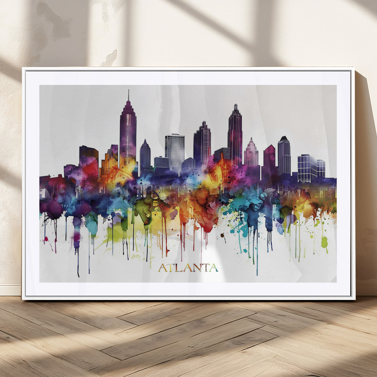 36048320-MGV-CV-36X24-Atlanta Skyline Wall Art Canvas Print – Framed Colorful Watercolor Cityscape Abstract Urban Artwork for Home, Office