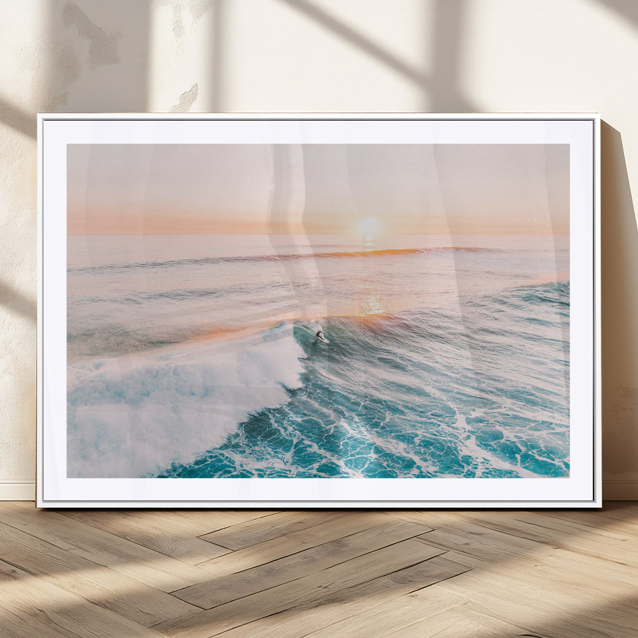 34064591-MGV-CV-36X24-Sunset Surfing Wall Art Canvas Print, Ocean Wave Surfer with Golden Sky Artwork for Home, Office, Living Room