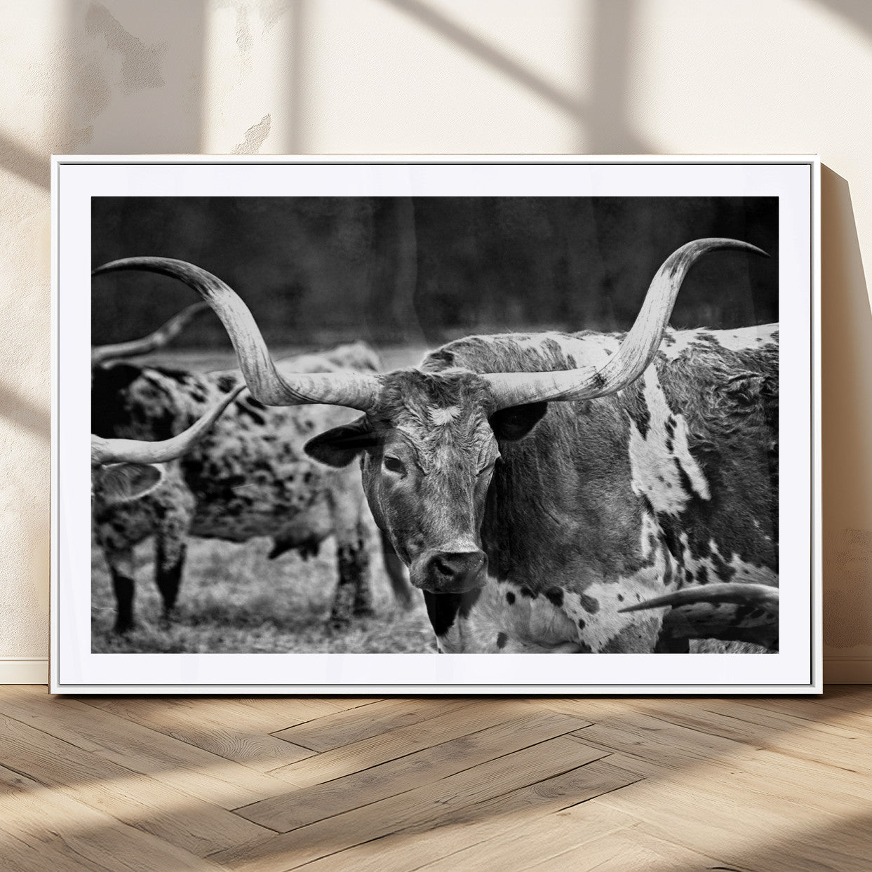 15425553-MGV-CV-36X24-Black & White Longhorn Cattle Wall Art Canvas Print, Rustic Farmhouse Western Design Artwork for Home, Office