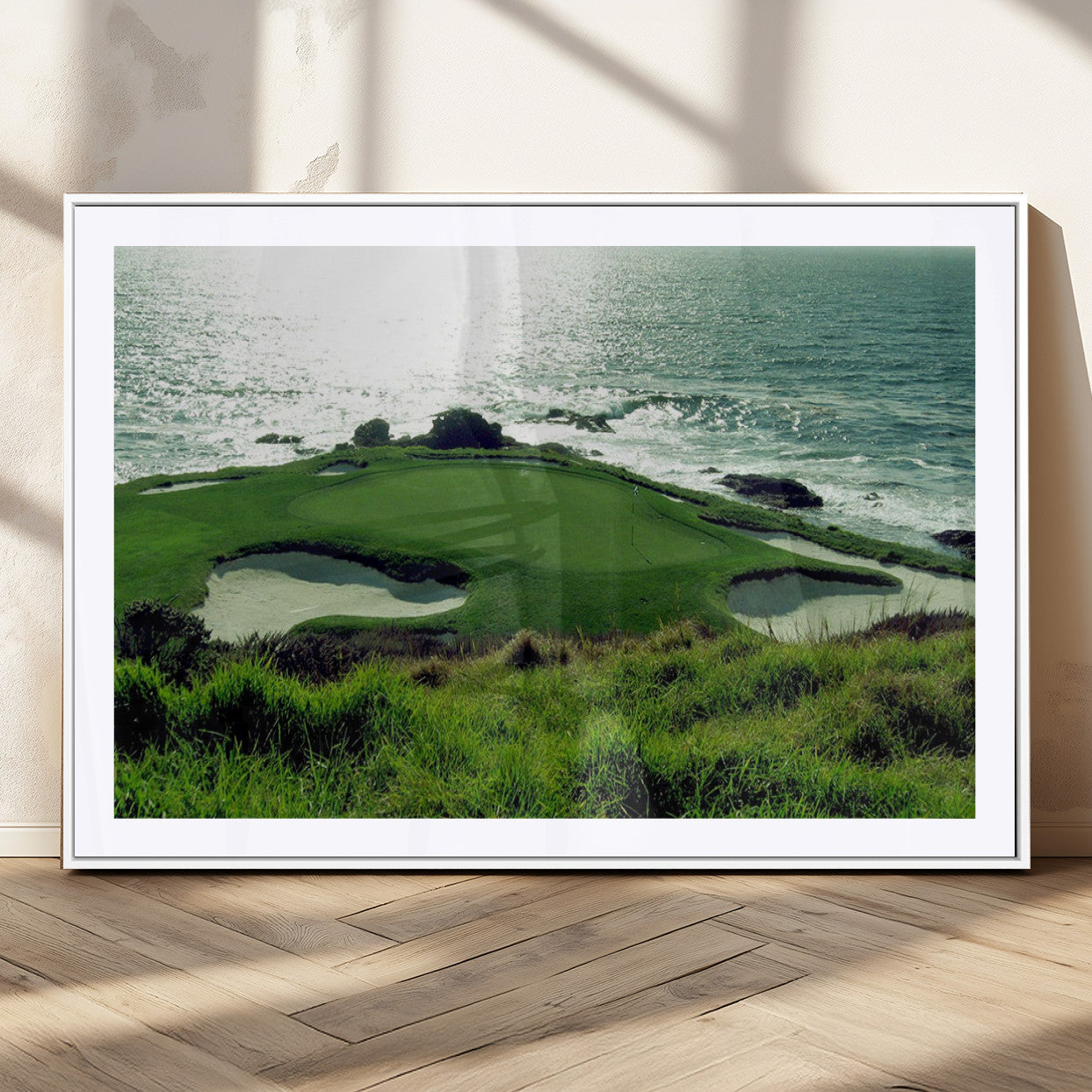 48473947-MGC-FP-36x24_White-Coastal Golf Course Wall Art Canvas Print – Scenic Green Surrounded by Sand Bunkers and Ocean Waves Artwork for Home, Office