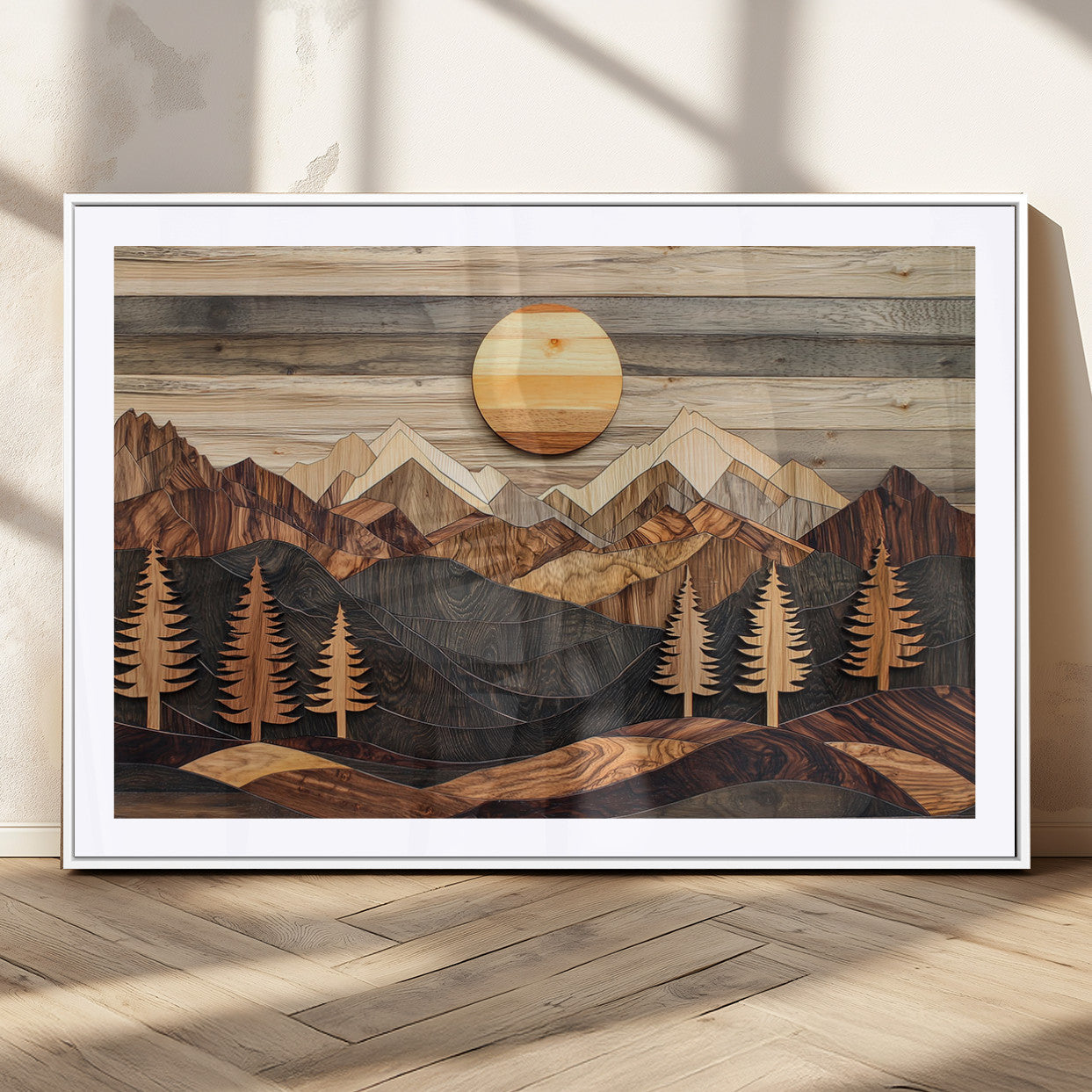19832326-MGC-FP-36x24 - Wooden Mountain Landscape Layered Texture Geometric Shapes Sun Pine Trees Rustic Natural Tones Art