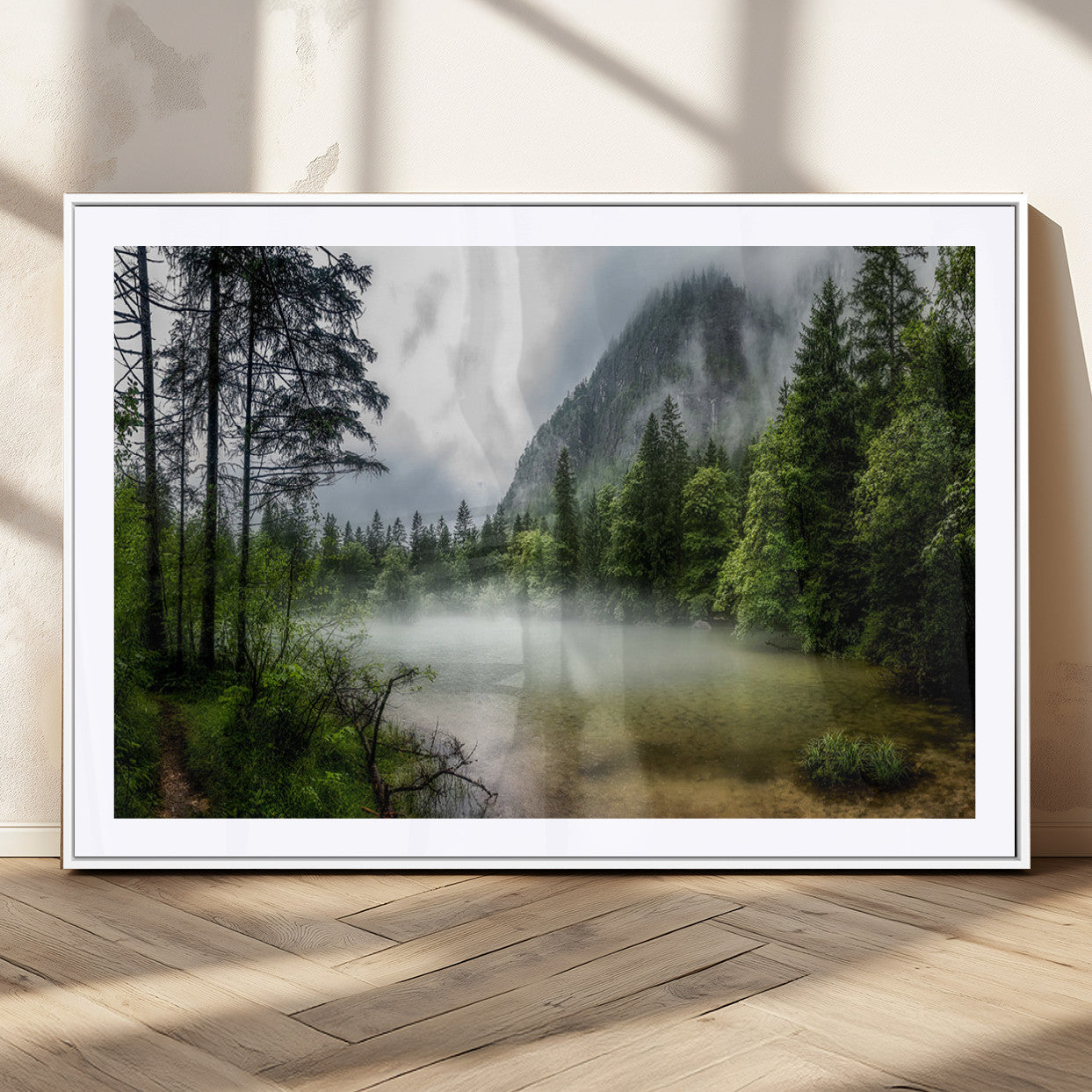 93123937-MGV-CV-36X24-Misty Lake Forest Green Trees Calm Water Reflection Mountain Fog Nature Landscape Outdoor Scenic Beauty Wall Art Canvas Print