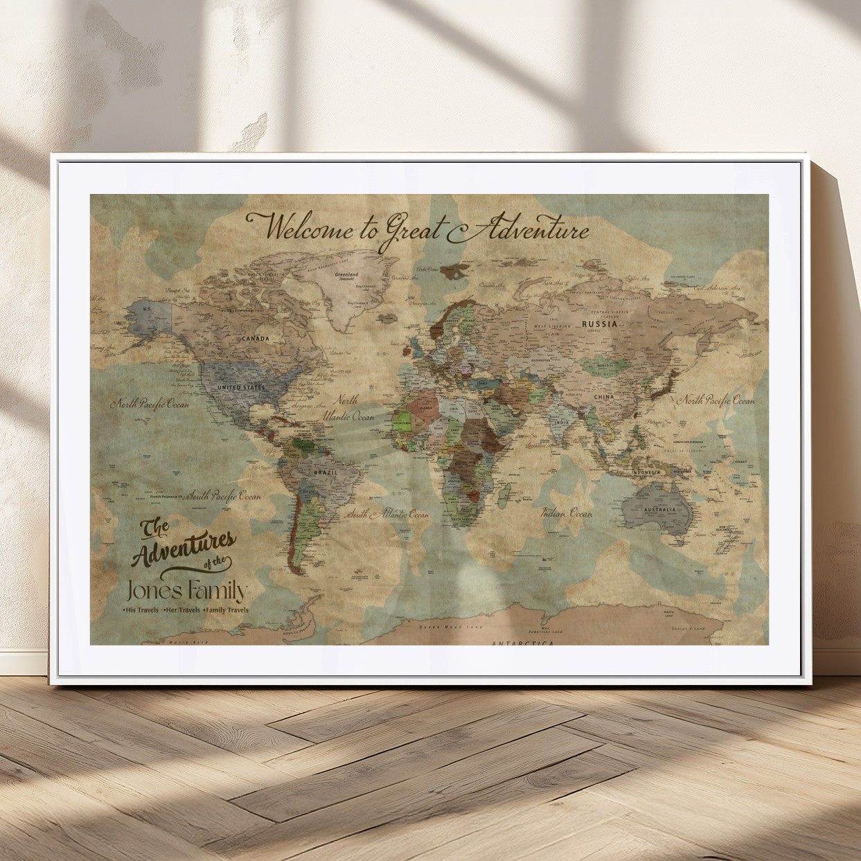 70680424-MGC-FP-36x24_White-Personalized World Map Wall Art Canvas Print – Customizable Push Pin Framed Travel Map Artwork for Home Office