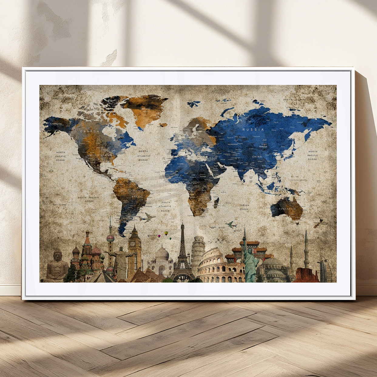 20261-MGC-FP-36x24_White-World Map Canvas Print – Vintage Blue and Gold World Map Wall Art, Framed Travel Inspired Decor for Living Room or Office