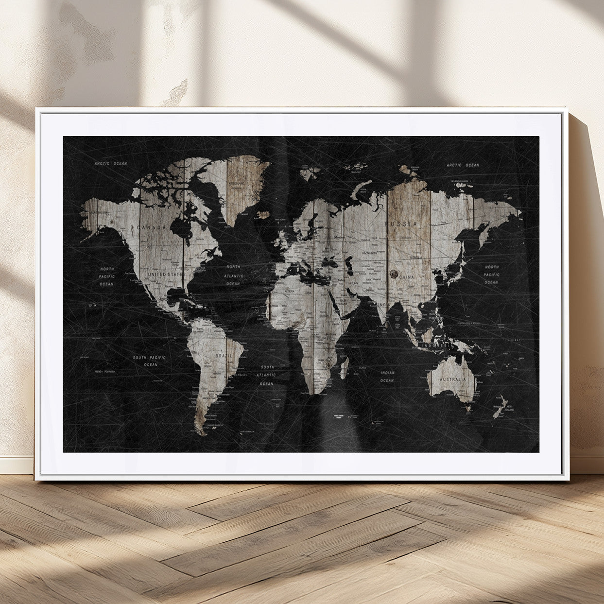 89998-MGV-CV-36X24-Rustic Black and Wood World Map Canvas Wall Art – Framed Push Pin Travel Map for Home and Office Decor, Modern Vintage Wall Artwork