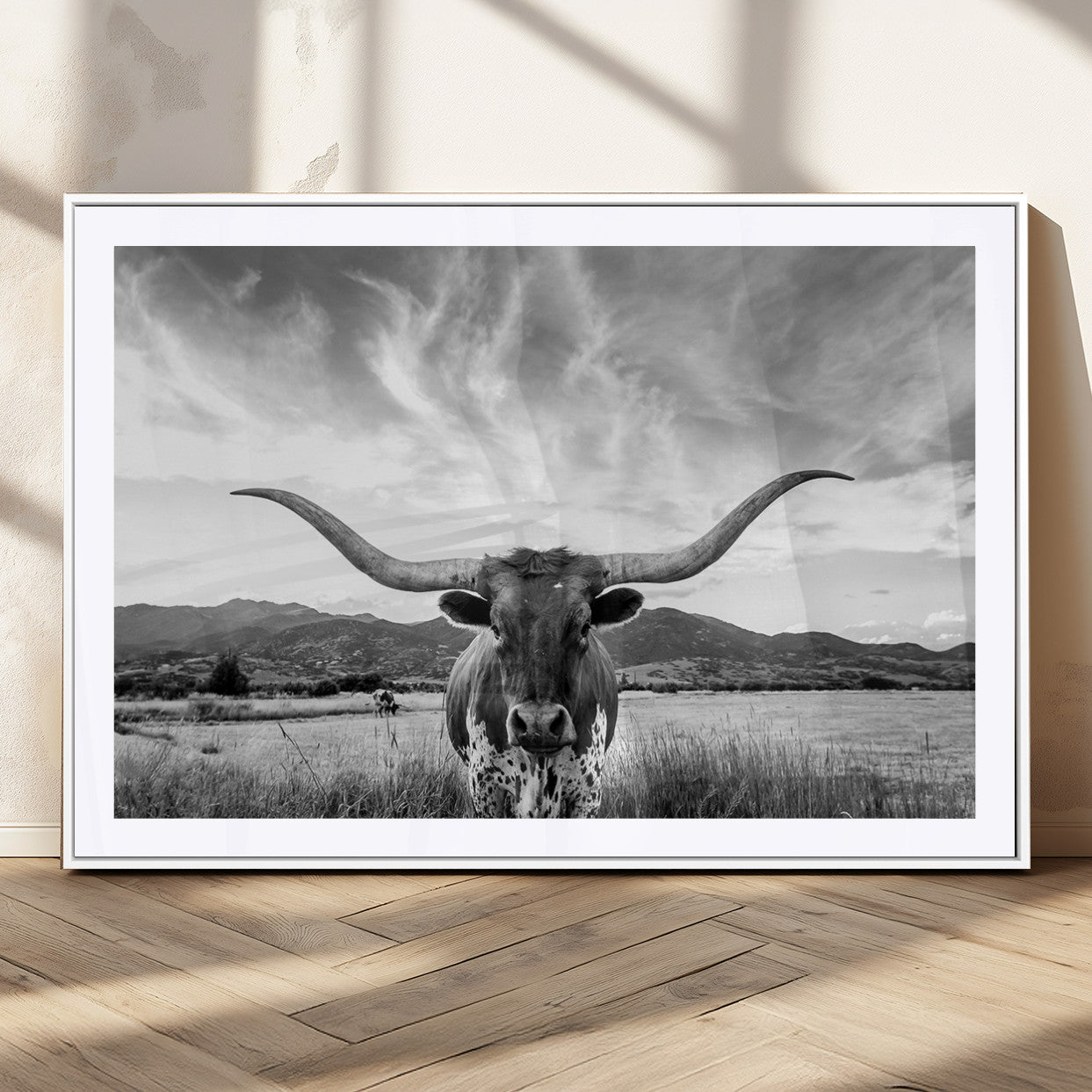 79527-MGC-FP-36x24_White-Longhorn Black and White Wall Art – Rustic Western Bull Canvas Print, Farmhouse Country Decor for Living Room, Office or Ranch, Cowboy Wall Artwork