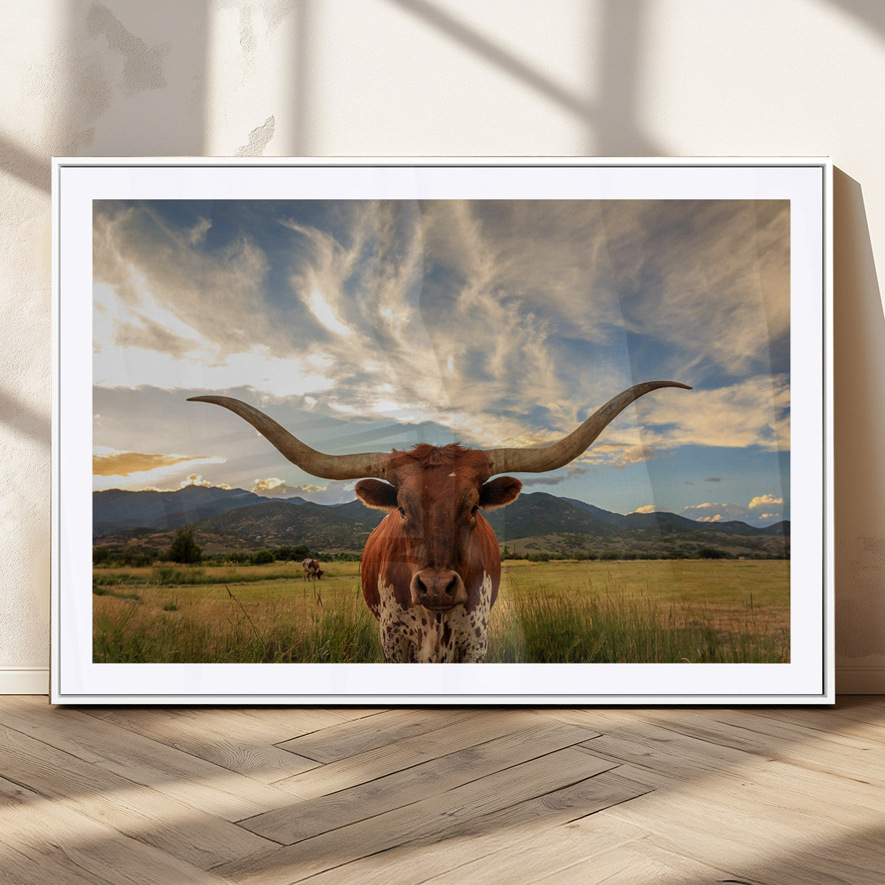 55416-MGC-FP-36x24_White-Texas Longhorn Canvas Wall Art – Majestic Triptych Animal Print – Rustic Western Decor for Living