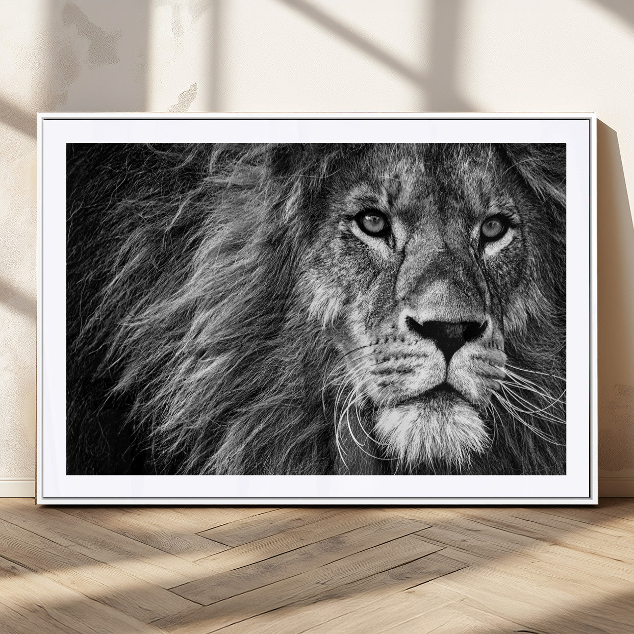 58363-MGC-FP-36x24_White-Black and White Lion Canvas Wall Art Print – Wildlife Portrait Artwork for Home, Office, Living Room, Guest Room