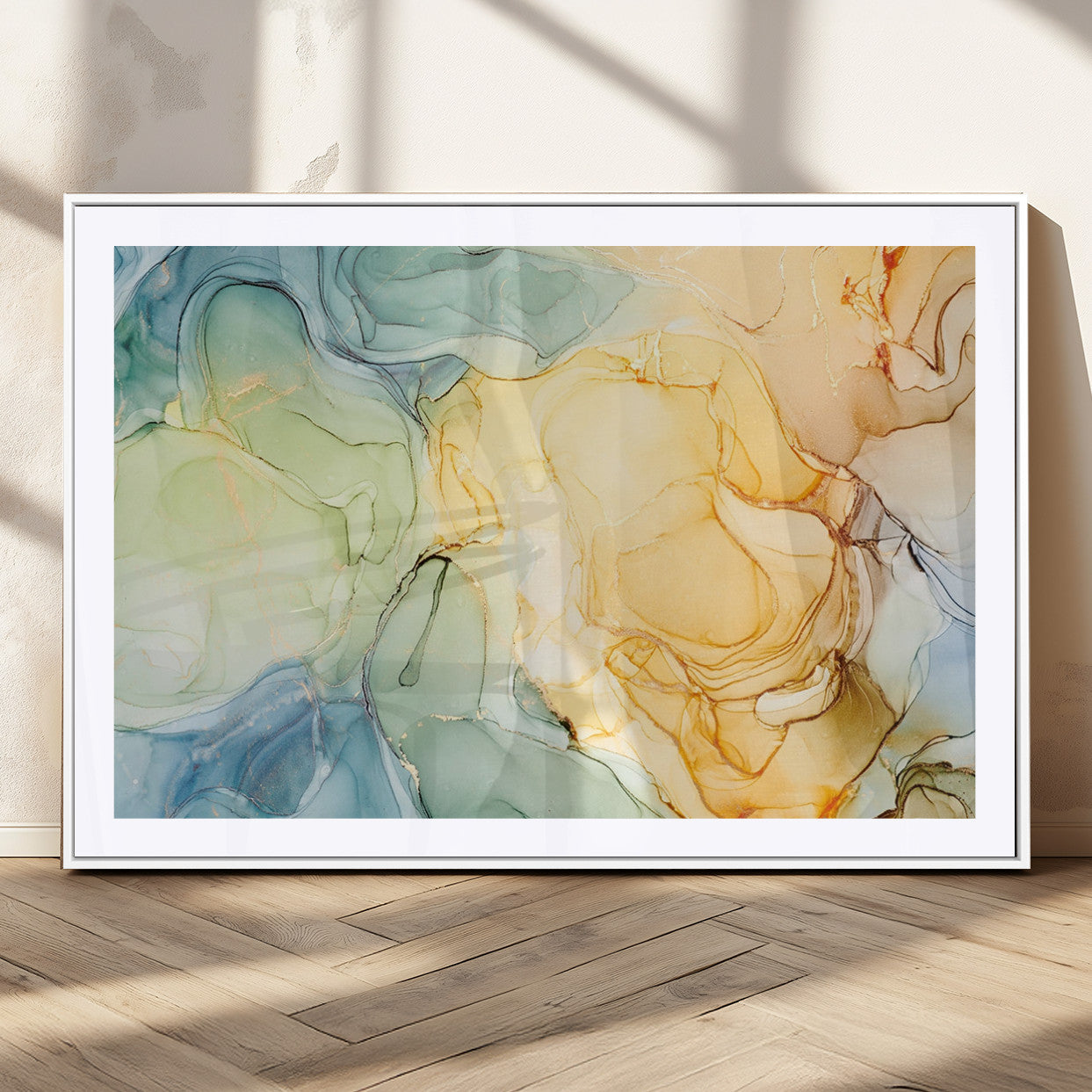 42195-MGC-FP-36x24_White-Green and Yellow Marble Fluid Effect Wall Art, Green and Yellow Marble Canvas Wall Art Print