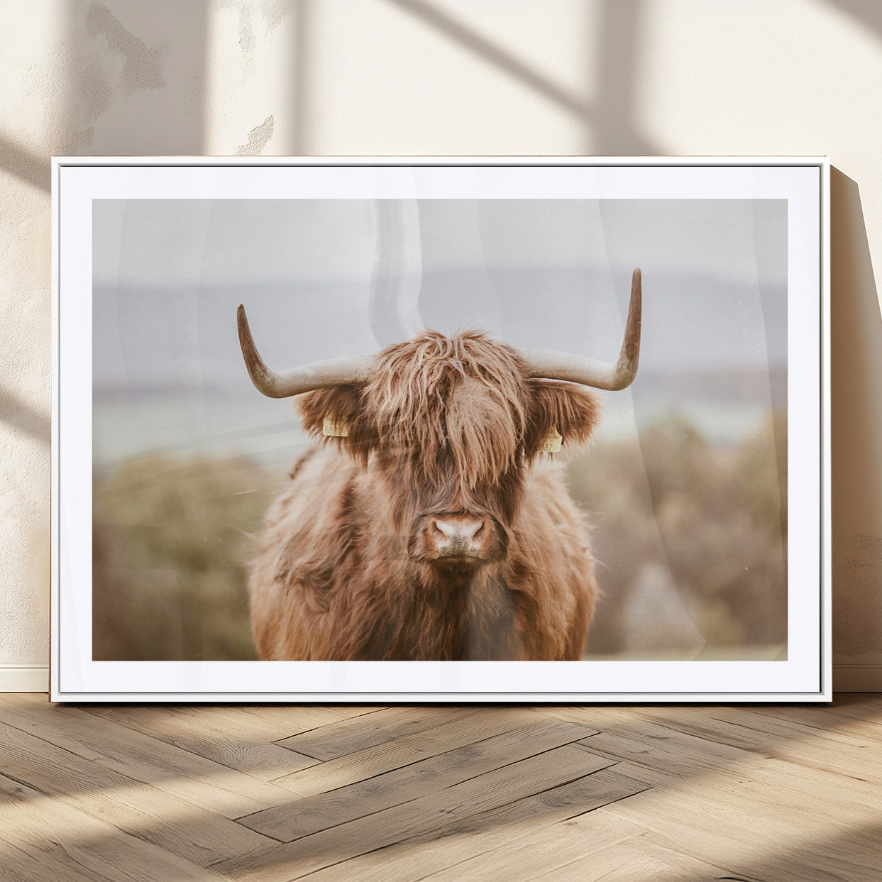 61584-MGC-FP-36x24_White-Scottish Serene Highland Cow Canvas Wall Art – Serene Highland Cow in Natural Pastel Tones – Ready