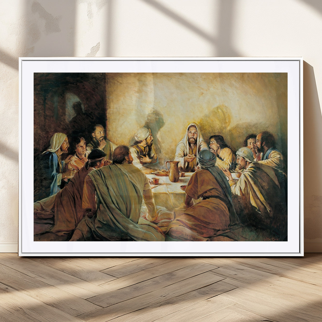 Framed canvas print of the Last Supper, depicting Jesus and his disciples, perfect for religious or Christian-themed home decor.