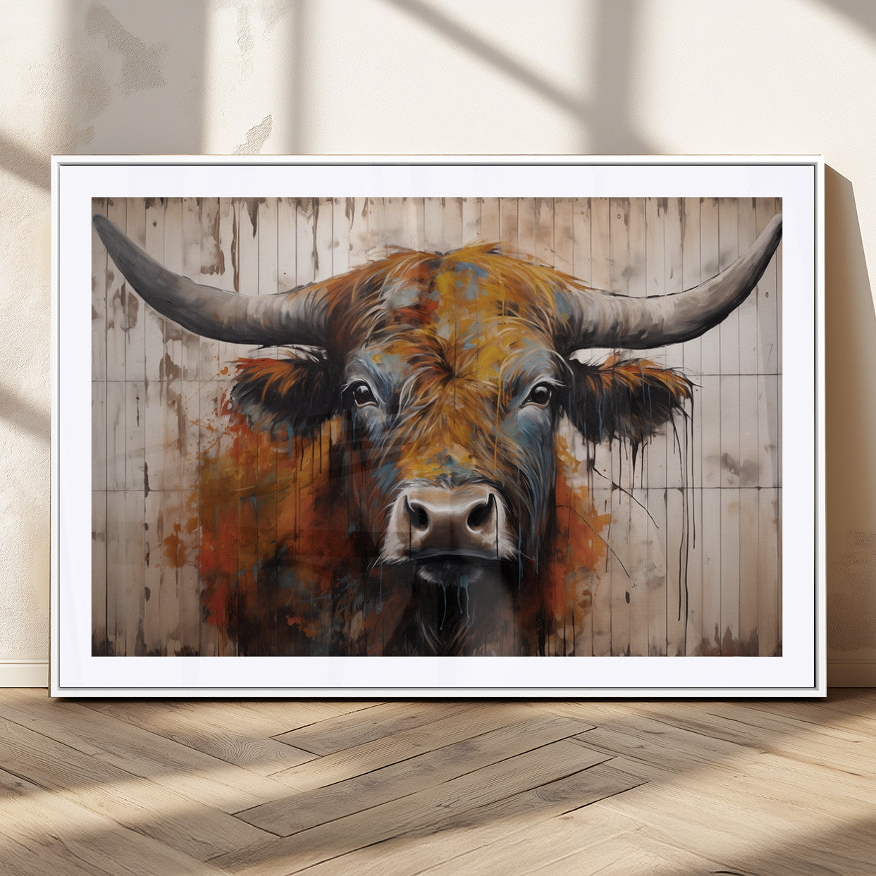 47284-MGC-FP-36x24_White-Scottish Highland Cow Cattle Art Print on Wood Style Background
