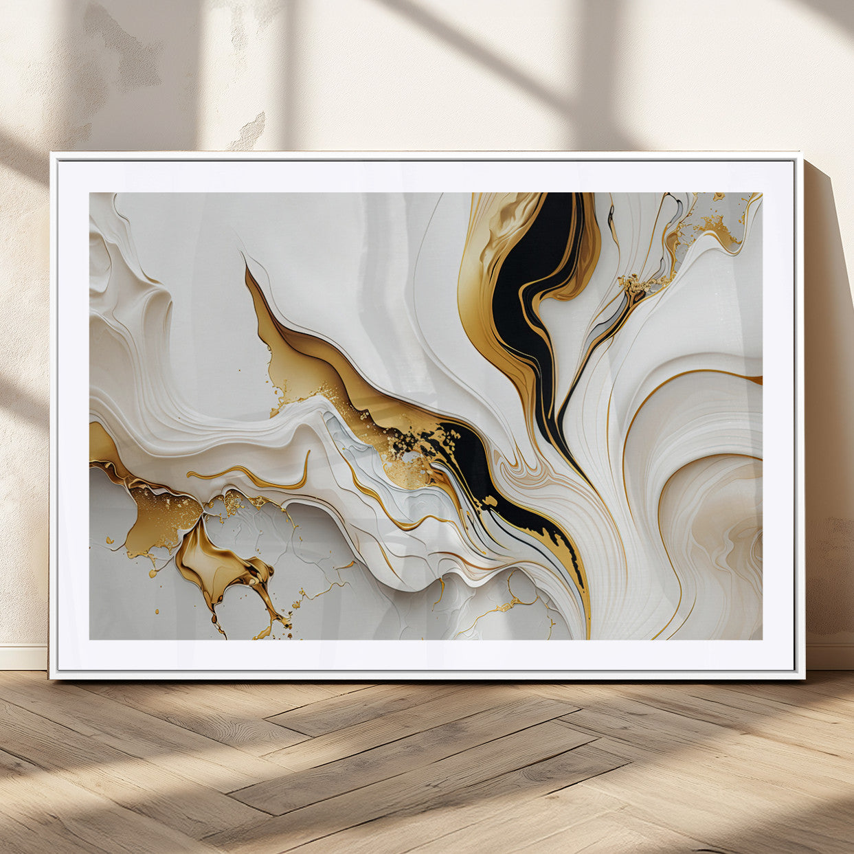 98637-MGC-FP-36x24_White-Gold Waves on Pure White Canvas – Gold Abstract Art for Modern Interiors | Wall Art Canvas, Framed &