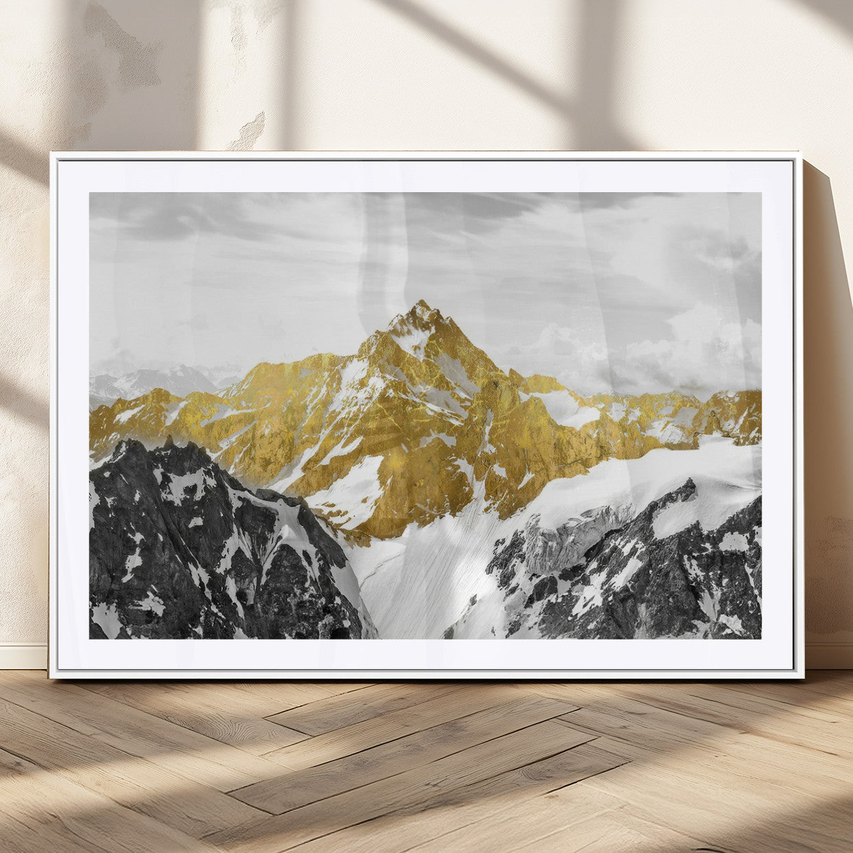 32102-MGC-FP-36x24_White-Gold Abstract Mountains Wall Art Print on Canvas, Nature Wall Art Print,