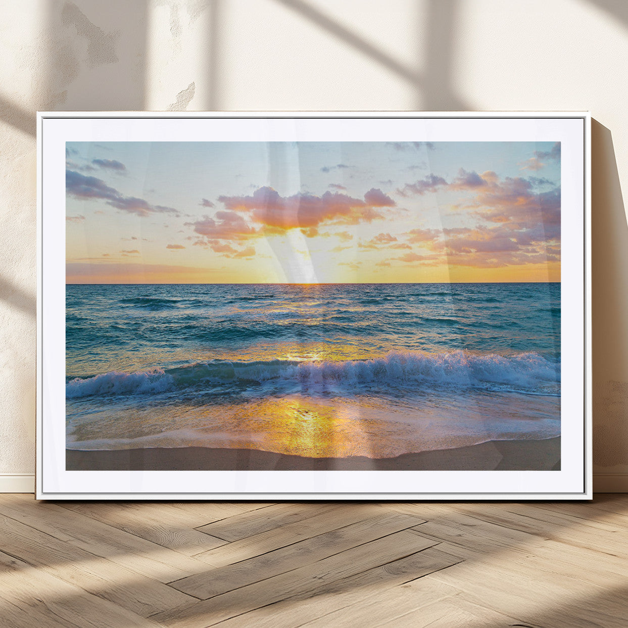 63383-MGC-FP-36x24_White-Golden Sunset Over Ocean Waves - Serene Coastal Triptych Wall Art for Relaxing Home Decor, Ready to