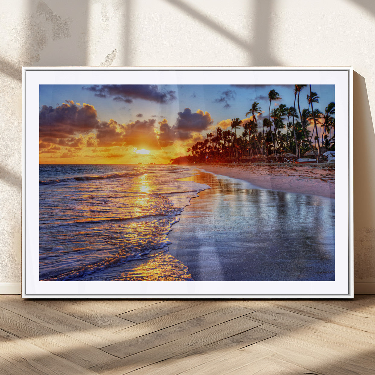 32177-MGC-FP-36x24_White-Serene Beach Sunset Wall Art Canvas- Coastal Seascape Print for Living Room or Bedroom, Ocean Waves