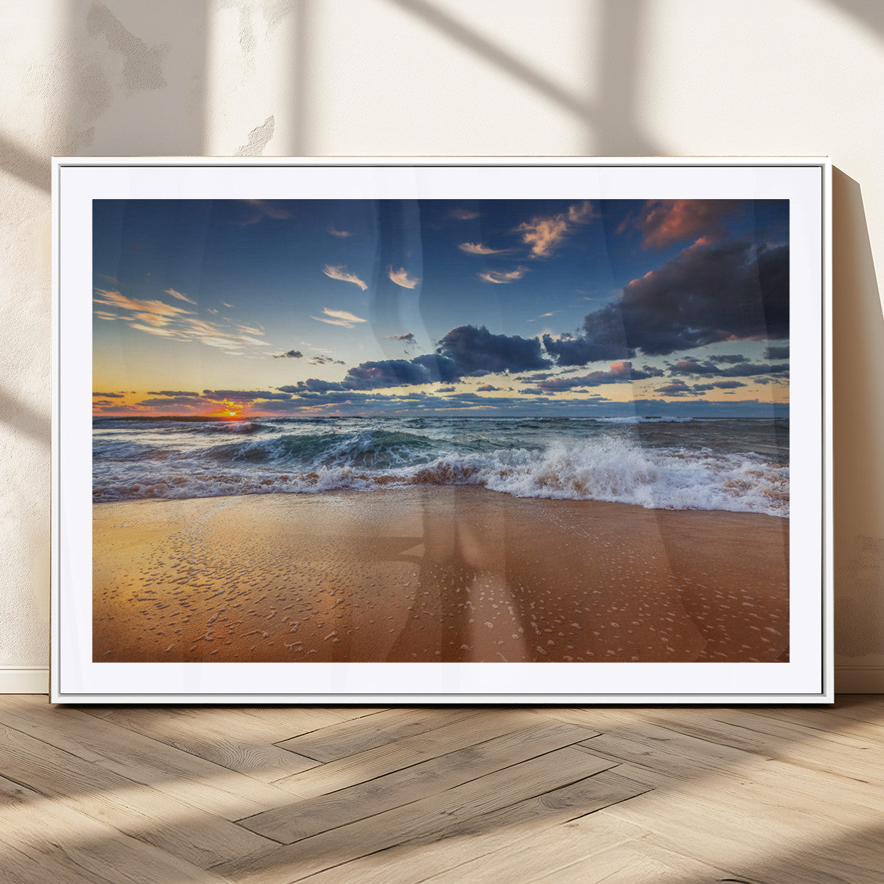 85899-MGC-FP-36x24_White-Beach Canvas Wall Art - Coastal Seascape Print for Living Room or Bedroom, Ocean Waves on Sand,