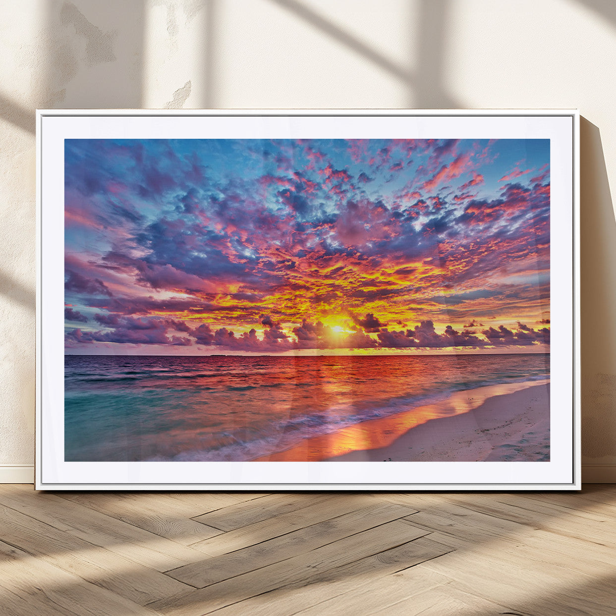 12616-MGC-FP-36x24_White-Vibrant Sunset Beach Wall Art - Ocean Sunset Canvas Print | Coastal Wall Art Decor Stunning Sunset