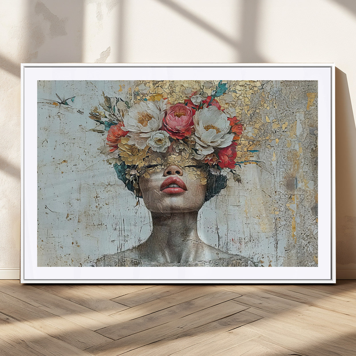 26919-MGC-FP-36x24_White-Golden Petal Wall Art Canvas Print - Silhouette Woman Wall Art Canvas Print, Floral Woman Portrait
