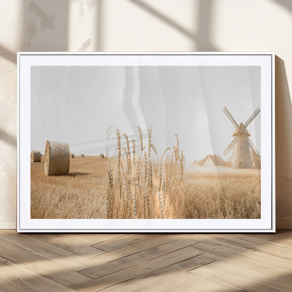 88780-MGC-FP-36x24_White-Vintage Farmhouse Triptych Wall Art – Giclée Canvas Featuring Wheat Fields, Hay Bales, and a