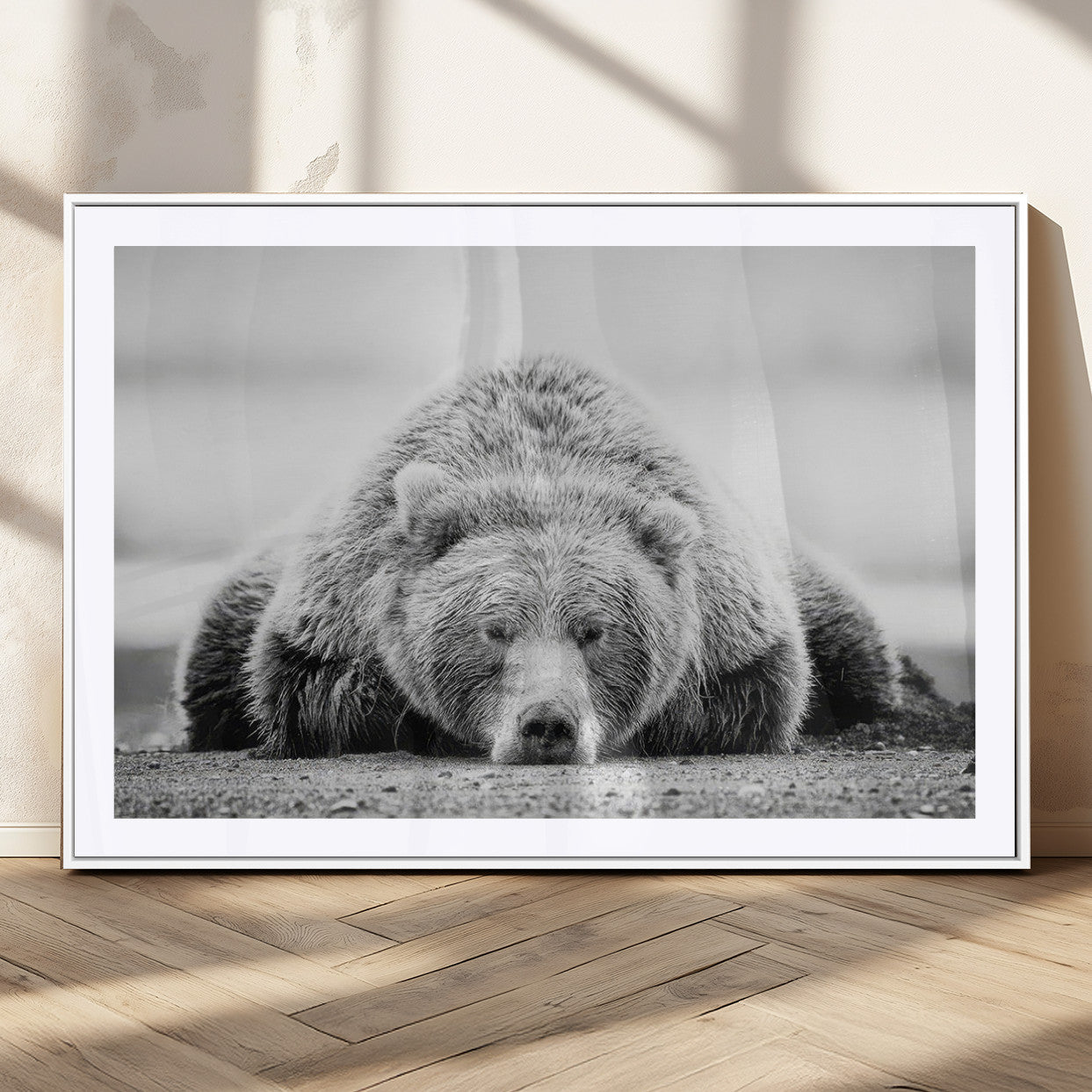 72905-MGC-FP-36x24_White-Resting Grizzly Bear Wall Art Canvas Print – Majestic Lazy Black and White Wildlife Bear Art,