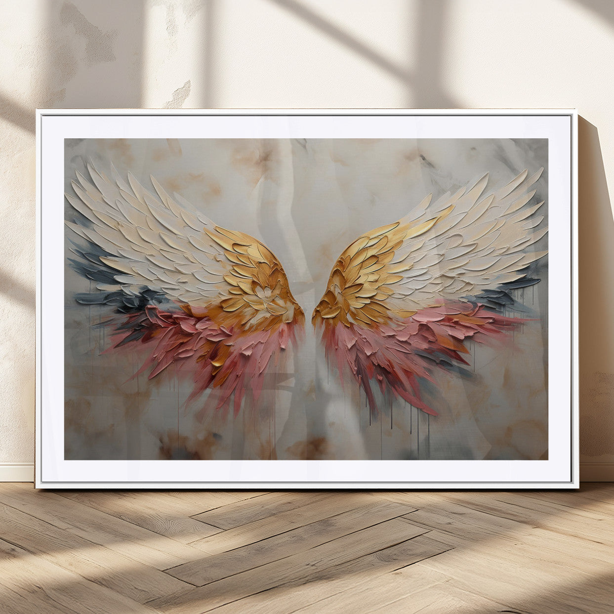 10697-MGC-FP-36x24_White-Golden Angel Wings Wall Art Canvas Print – Stunning Abstract Winged Art for Elegant Home Decor –