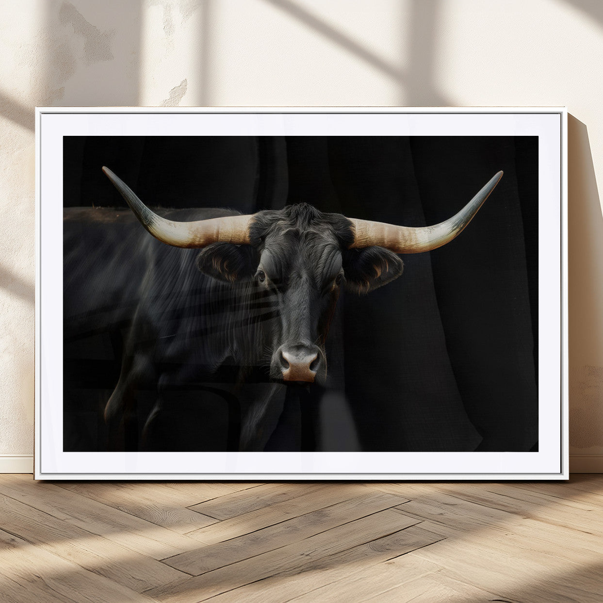 63798-MGC-FP-36x24_White-Black Bull Wall Art – Majestic Longhorn Canvas Print with Dark Background, Rustic Western Farmhouse Decor for Living Room or Office