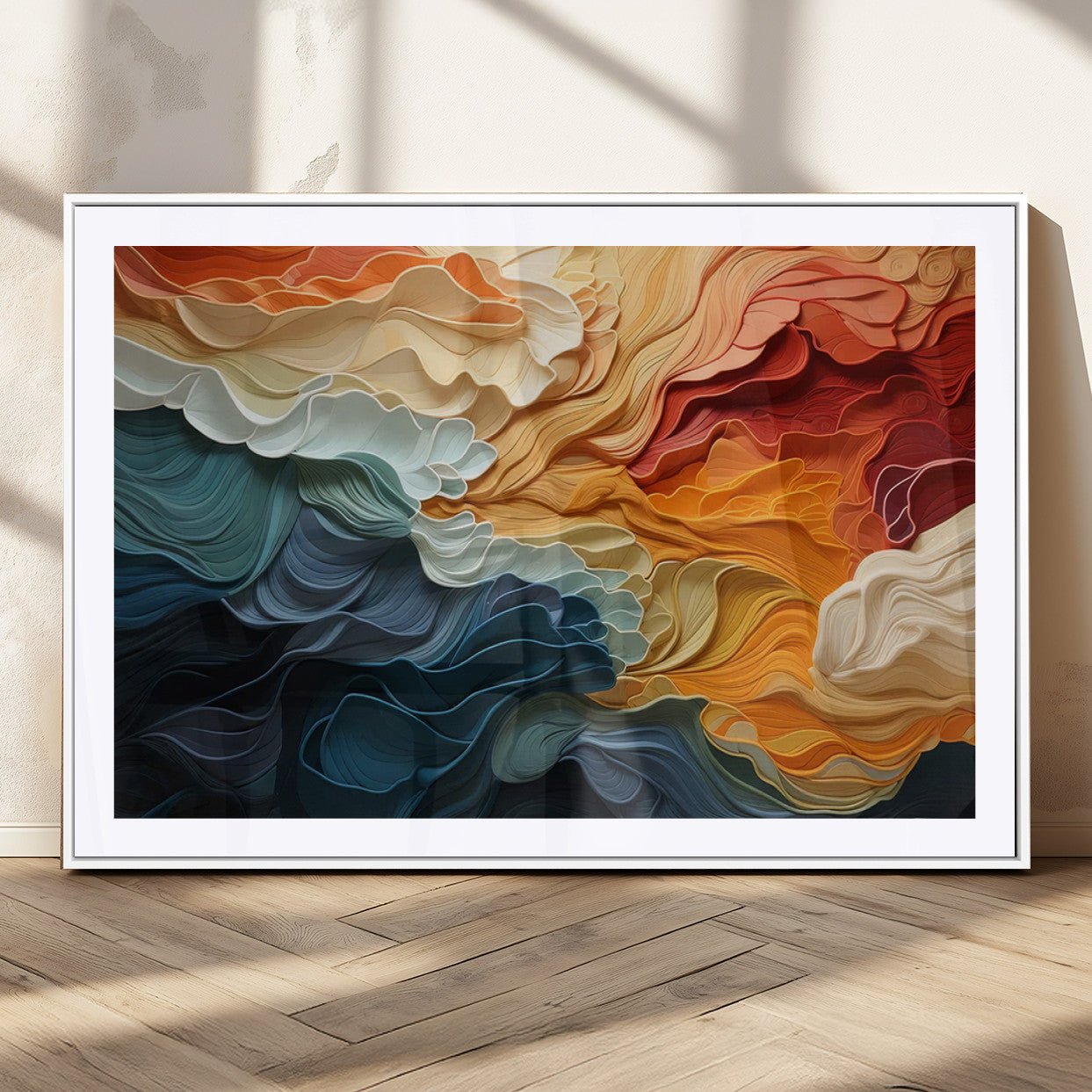 31634-MGC-FP-36x24_White-Blue Orange Abstract Wave Wall Art Canvas Print, Framed Blue Orange Wave Wall Art