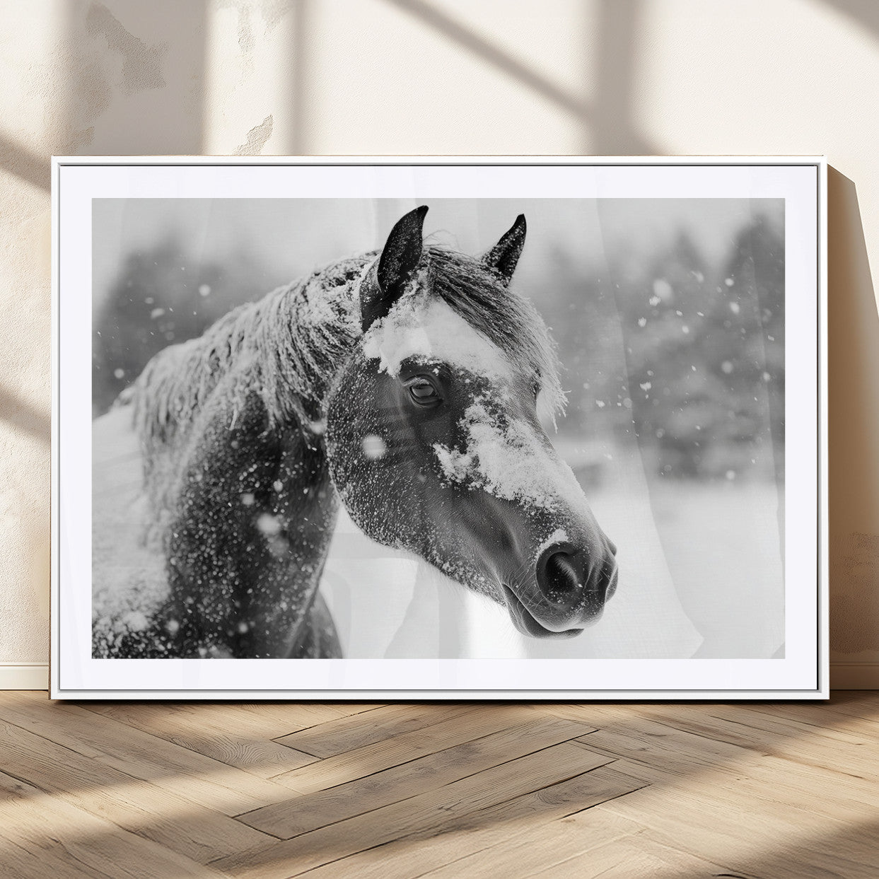13358-MGC-FP-36x24_White-Black Horse Winter Wall Art | Ready to Hang and Framed | Farmhouse and Western Wall Decor for Living Room