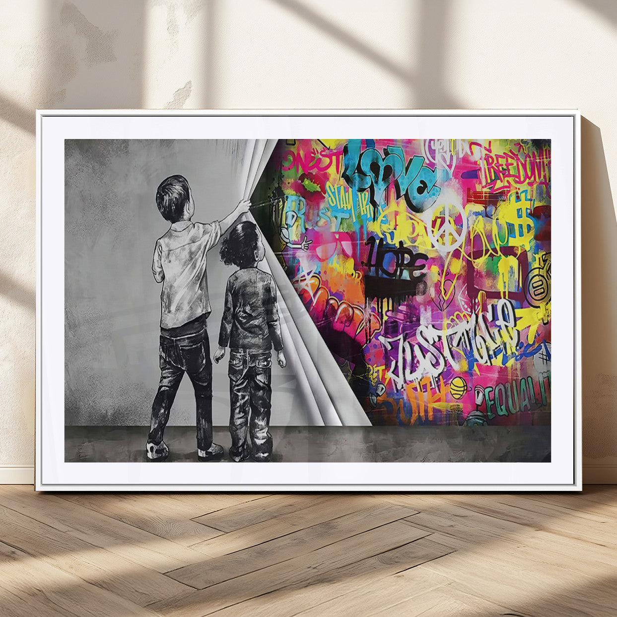 92809-MGC-FP-36x24_White-Banksy Print - Street Art Canvas Wall Art - Kids Revealing Graffiti, Urban Modern Decor for Living