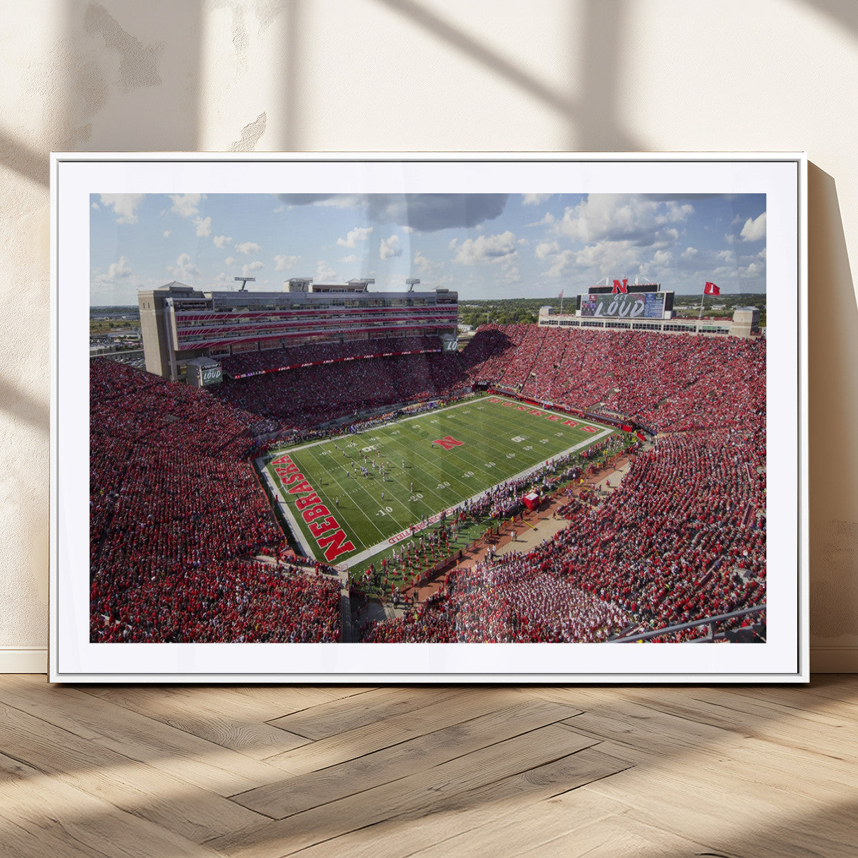 84975-MGC-FP-36x24_White-University of Nebraska Cornhuskers Football Team Print - Lincoln Memorial Stadium Wall Art Canvas