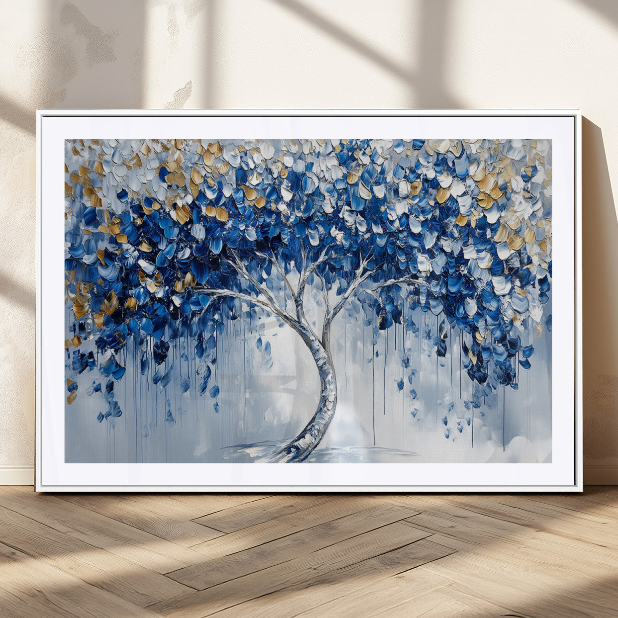 62350-MGC-FP-36x24_White-Blue and Gold Abstract Tree Wall Art Canvas Print | Modern Tree of Life Painting | Framed Canvas