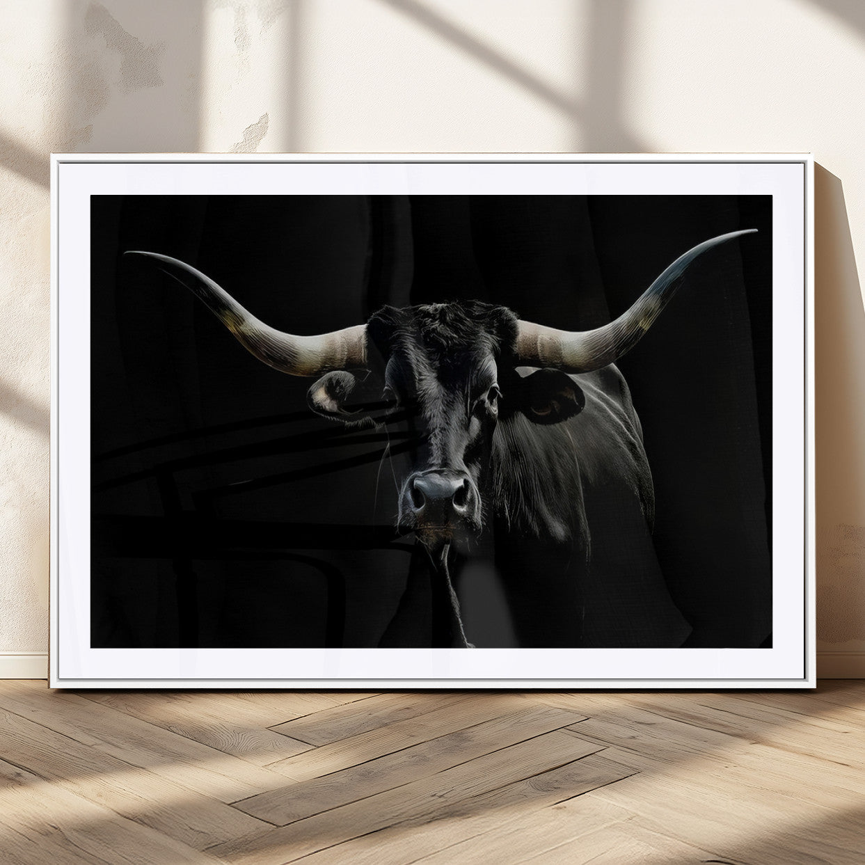 20679-MGC-FP-36x24_White-Texas Black Longhorn Bull Wall Art Canvas Print - Western Texas Cattle Rustic Decor Print - Longhorn